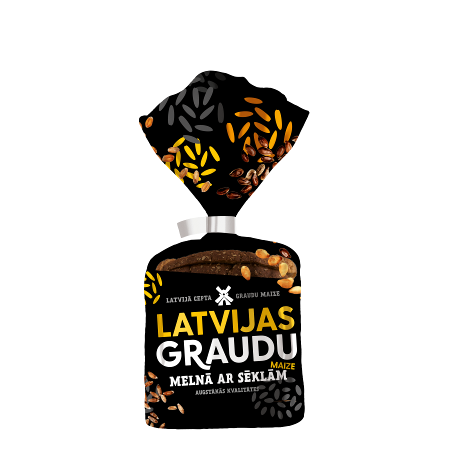 "LATVIJAS graudu maize" melnā ar sēklām